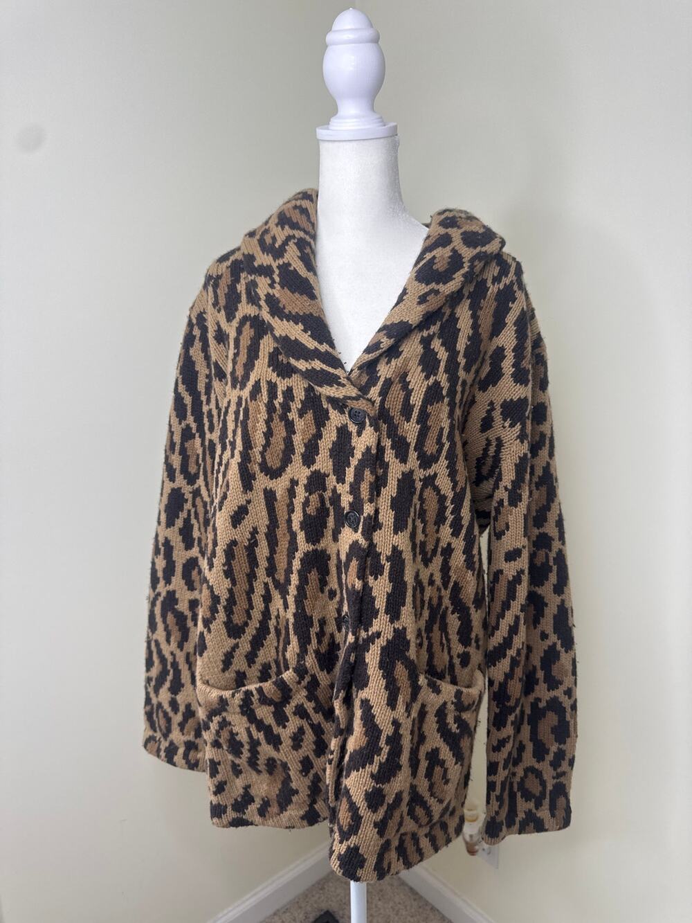 LAUREN RALPH LAUREN Vintage 100% Lambswool Leopard Print Cardigan Size Large